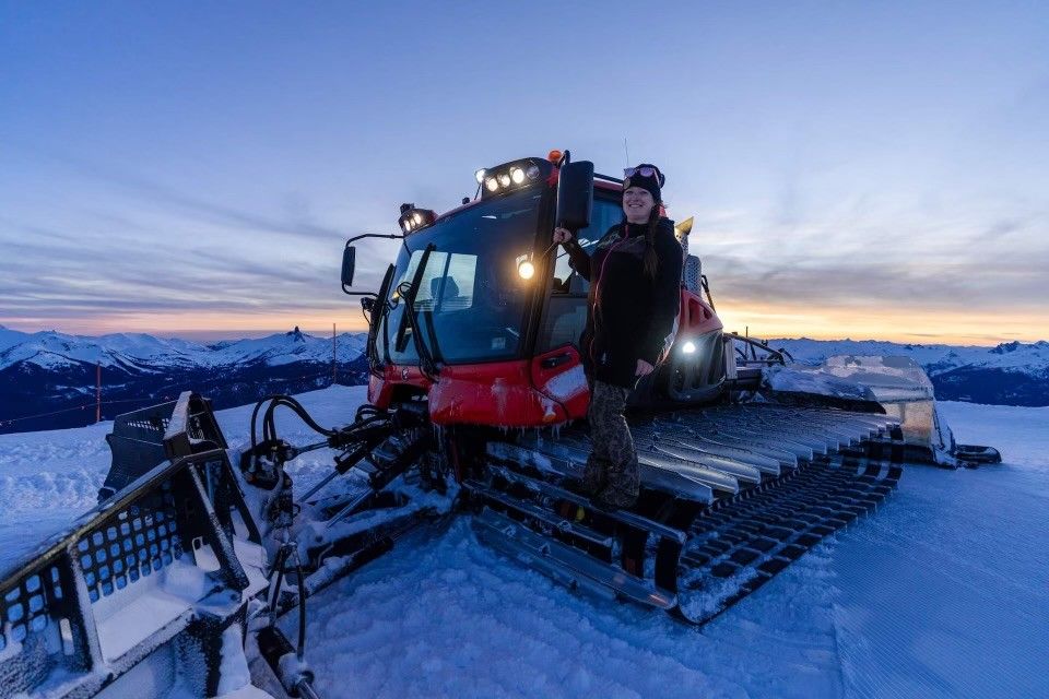 Dawn Cashen at Whistler Blackcomb with her PistenBully.